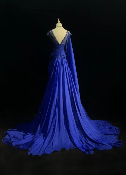 Classy Prom Dresses A Line Scoop Royal blue Chiffon Lace With Beading Long Formal Gown N2916