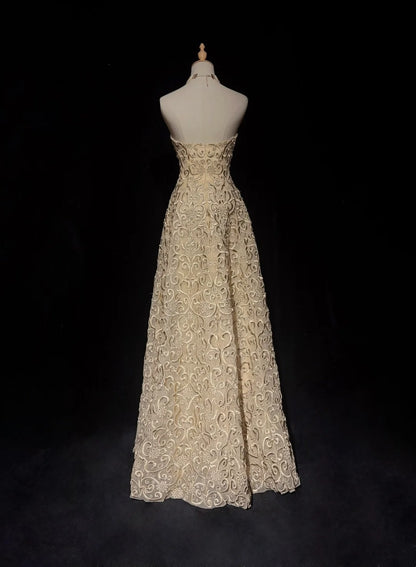 Robes de bal vintage en dentelle dorée sans bretelles sans manches des années 1990, longue robe de soirée formelle N2639