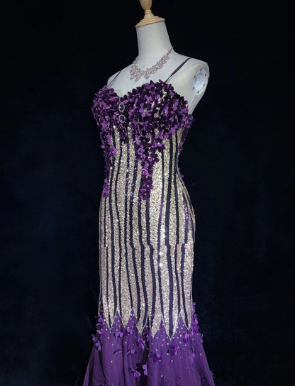 Glitzer-Abschlussballkleider Meerjungfrau Spaghetti-Träger Lila Chiffon Mit Blumen Langes Formelles Abendkleid N3893