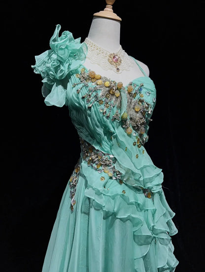 Vintage Prom Dresses A-Linie One-Shoulder Mintgrün 70er Jahre mit Rüschen Chiffon Langes Formelles Partykleid N2525