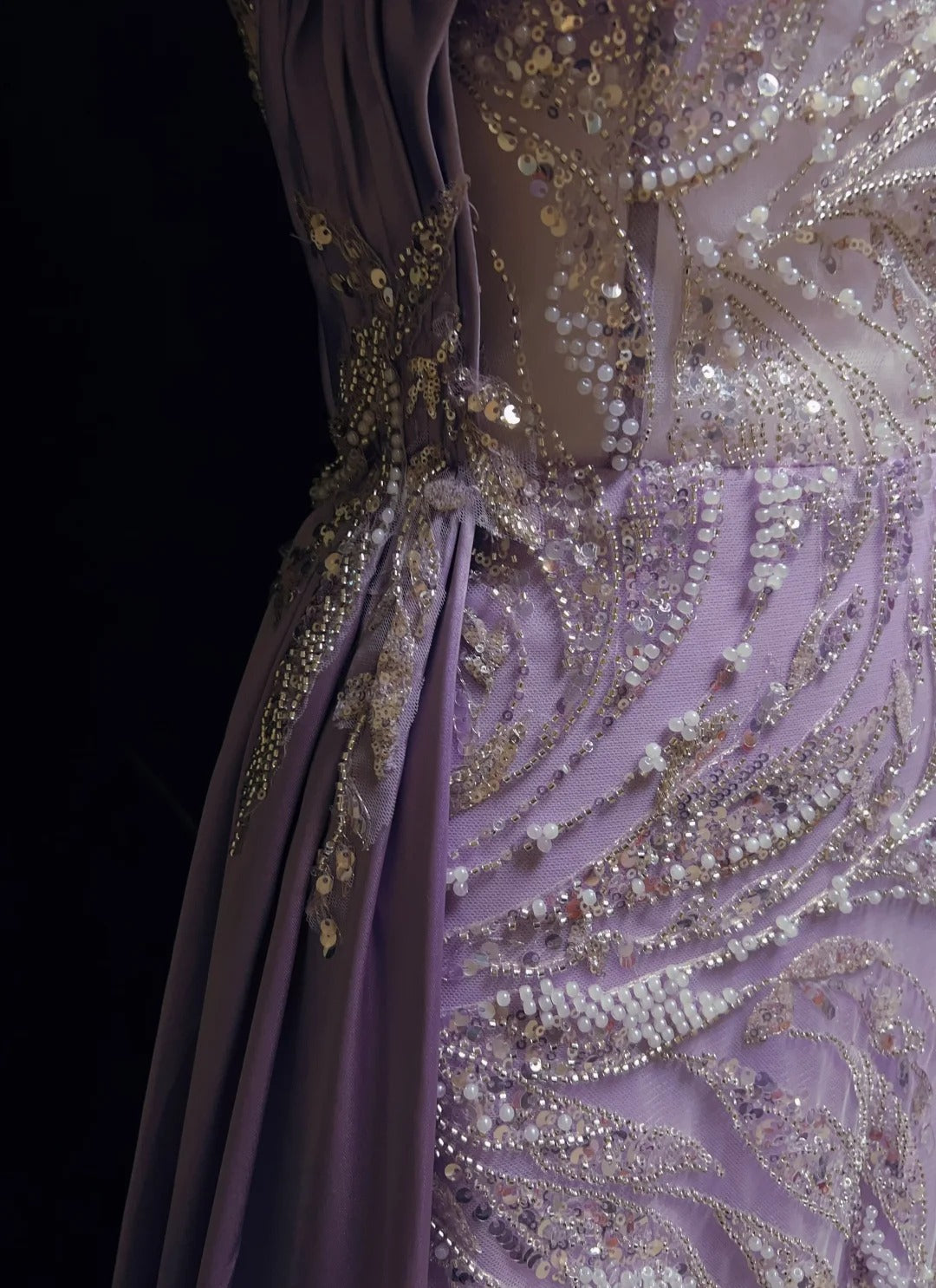 Robe de bal vintage Inspo sirène bustier lilas sequinée avec perles fendues années 80 longue robe de soirée N2742