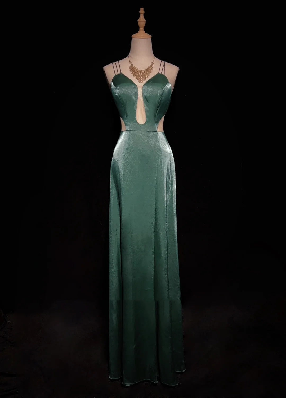 Robes de bal modestes trapèze à bretelles spaghetti vert foncé sans manches longues tenues de soirée formelles N3622