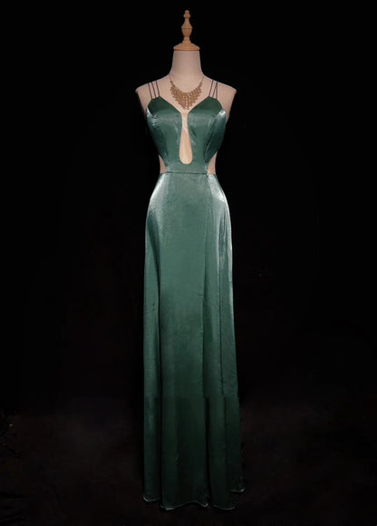 Robes de bal modestes trapèze à bretelles spaghetti vert foncé sans manches longues tenues de soirée formelles N3622
