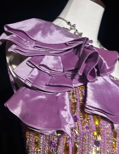 Inspiration Robes de bal vintage, ligne A, une épaule, mousseline lilas, années 1990, avec perles, robes de soirée N3324