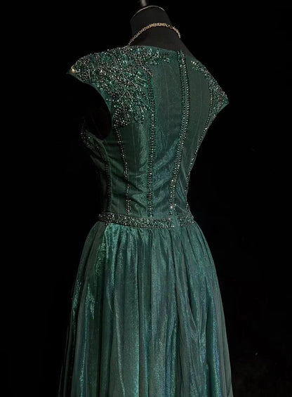 Vintage Prom Dresses A line Scoop Emerald Green Satin Long 2000s Party Evening Formal Gown RC1142