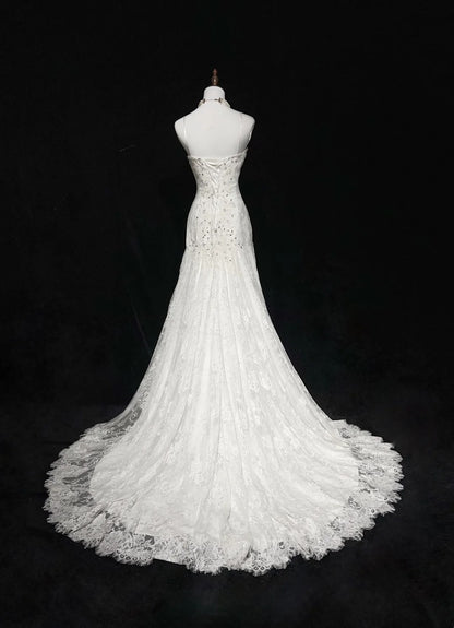 Unique Wedding Dresses Mermaid Spaghetti Strap Lace White Long Bridal Gown N3096