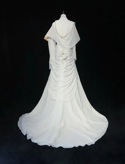 Zeitlose Brautkleider Meerjungfrau Spaghettiträger Weiß Chiffon Mit Schal Langes Brautkleid N3063
