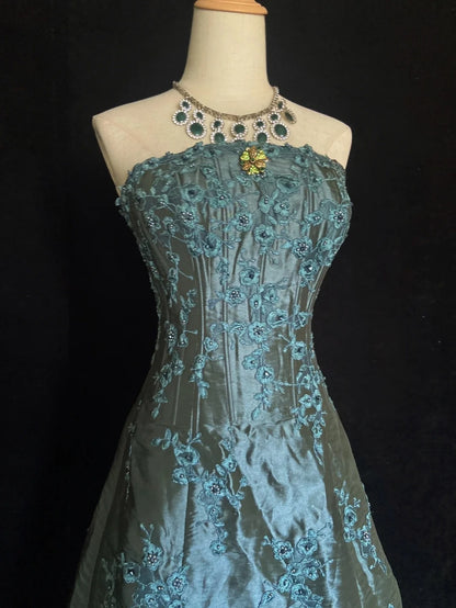 Princess Prom Dresses Ball Gown Strapless Green Embroidery Evening Long Evening Dress N3289