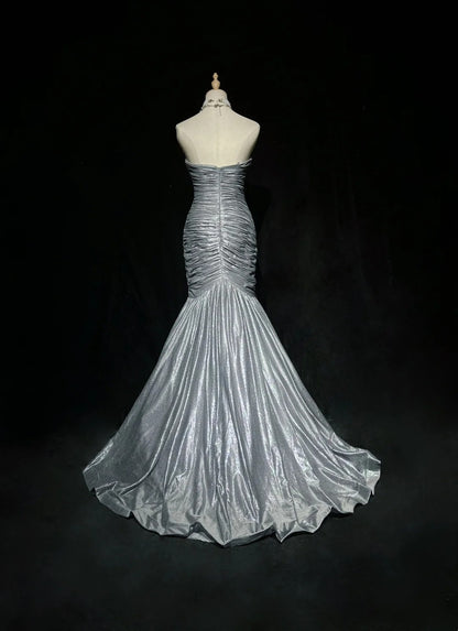 Vintage 1980s Prom Dresses Mermaid Sweetheart Silver Grey Floor Length Long Formal Party Dress N2536