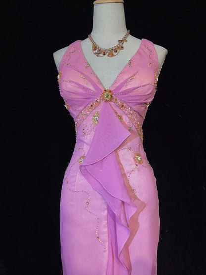 Bescheidene Ballkleider Inspo Meerjungfrau V-Ausschnitt Rosa Chiffon mit Rüschen-Perlenstickerei für Damen Festliches Kleid N3231