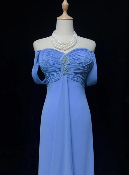 Vintage Prom Dresses A line Off The Shoulder Blue Chiffon With Beading Cape 1970s Long Formal Gown N2612