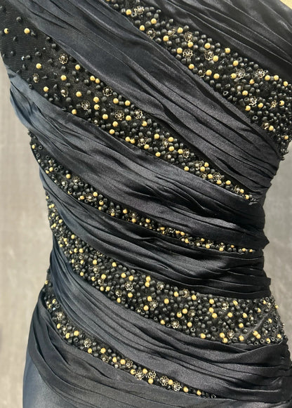 Robes de bal élégantes sirène asymétrique en satin noir cravate robe de soirée formelle longue perlée N3704