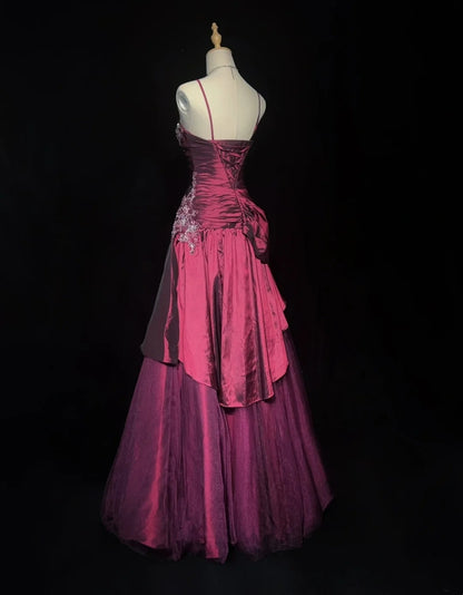 Robes de bal de promo vintage, robe de bal, bretelles spaghetti, fuchsia, sans manches, taffetas, années 90, longue robe de soirée N2878