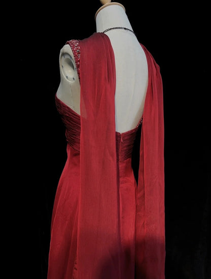 Robes de Bal Élégantes Ligne A Col Bijou Bourgogne Mousseline avec Cape Perles Sans Manches Longue Robe de Soirée Formelle N2885