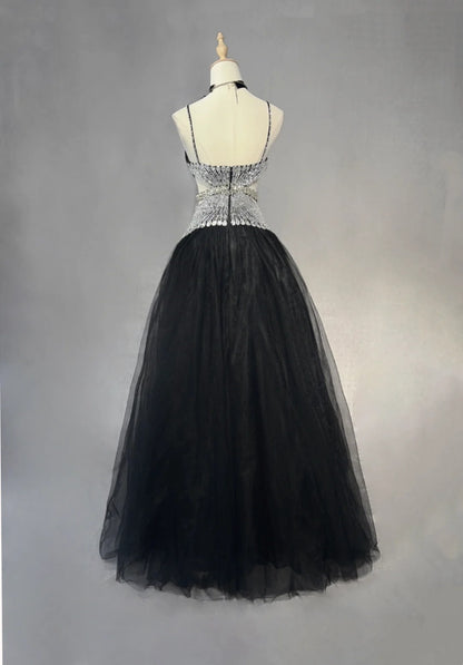 Vintage Prom Dresses Inspo Ball Gown Halter Drop Waist 90s Tulle Black Tie Dress With Beading For Women Formal Gowns N3306