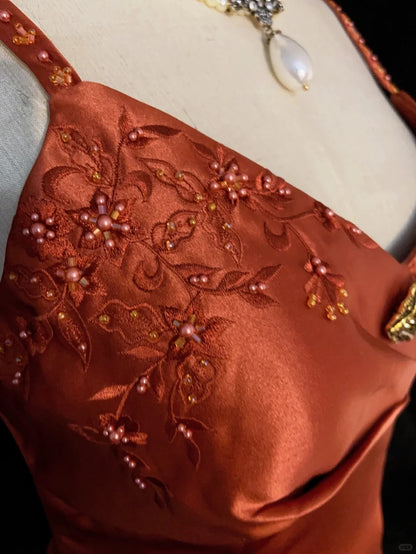 Robes de bal modestes ligne A bretelles spaghetti orange avec perles longues tenues de soirée N3445