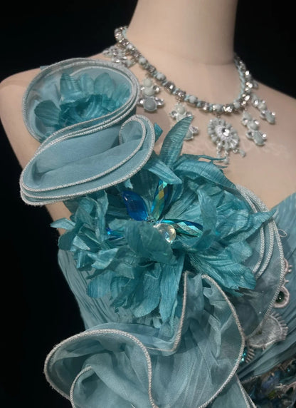 Bescheidene Abschlussballkleider Meerjungfrau One Shoulder Blau Tüll Spitze Ärmellos Mit Rüschen Festliches Abendkleid N3833