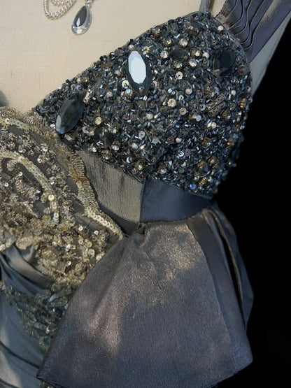 Robes de bal vintage sirène à bretelles en satin gris et dentelle avec volants, longues tenues de soirée N3442