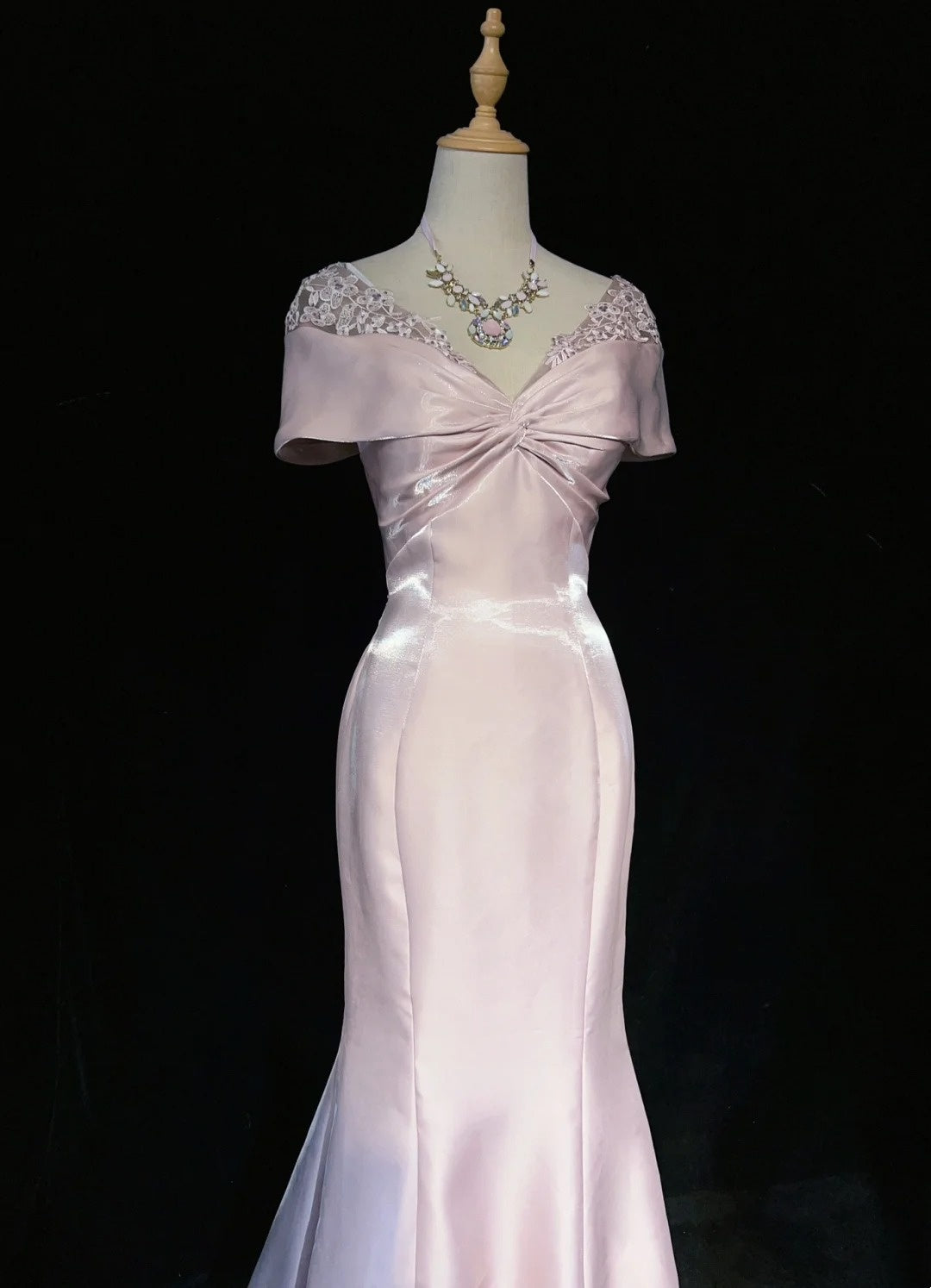 Robes de Bal Vintage, Inspiration Sirène, Épaules Dénudées, Satin Rose Années 80 avec Dentelle, Robes de Soirée N3374