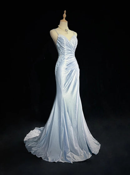 Robes de Bal Modestes Sirène à Bretelles Fines Bleu Ciel Clair avec Appliques Tenues de Soirée N3690