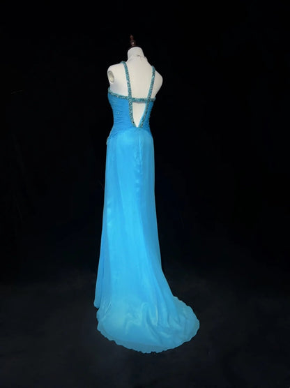 Vintage Abschlussballkleider A-Linie Neckholder Blau Chiffon mit Perlenverzierung Cape Formelle Abendgarderobe N3853
