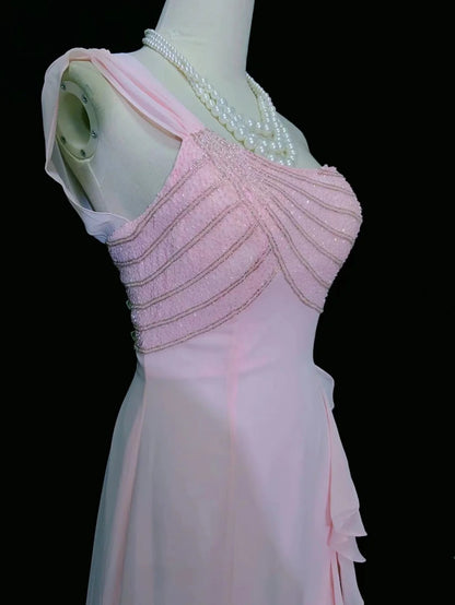 Vintage Abschlussballkleider 80er Meerjungfrau One Shoulder Pink Chiffon Ärmellos Mit Perlen Semi-Formale Abendoutfits N3620