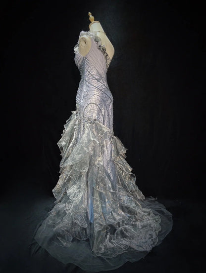 Robes de bal vintage des années 80 sirène asymétrique gris sans manches avec perles tenues de soirée semi-formelles N3613
