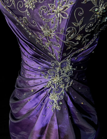 Robes de bal vintage sans bretelles violettes avec application de dentelle dorée, tenue de soirée longue années 80 N3886