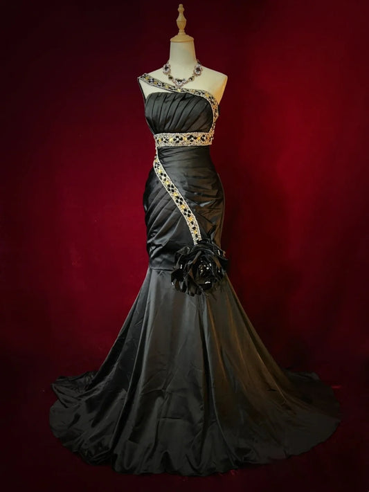 Vintage Ballkleider Meerjungfrau One Shoulder Black Tie Satin 80er mit Perlenstickerei Lange Formelle Abendgarderobe N3905