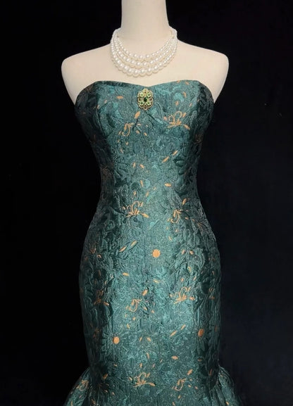Robes de bal élégantes sirène bustier vert foncé longueur ras du sol dentelle satin robe de soirée N3707
