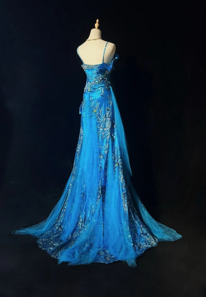 Vintage Prom Dresses 1960s Mermaid Spaghetti Strap Blue Tulle With Beads Sleeveless Prom Dresses Evening Formal Outfits RB5124