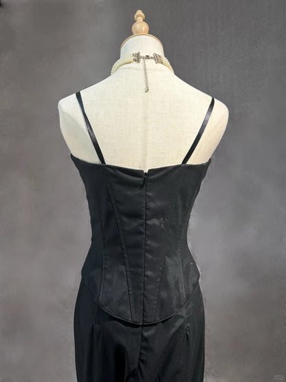 Robes de bal vintage des années 50, coupe asymétrique, fines bretelles, robe de soirée noire sans manches, tenues de cérémonie RB4339