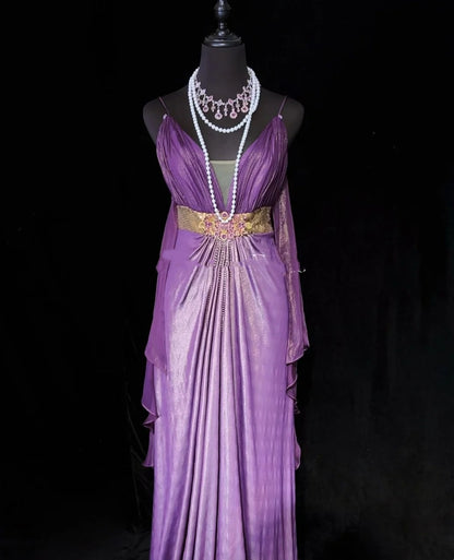 Bezaubernde Ballkleider A-Linie Spaghettiträger Lila Chiffon Mit Cape Langes formelles Abendkleid N3897