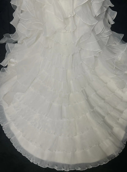 Vintage 90er Brautkleider Meerjungfrau V-Ausschnitt Stufenlagen Weiß Perlen Sommergarten Langes Brautkleid N3826