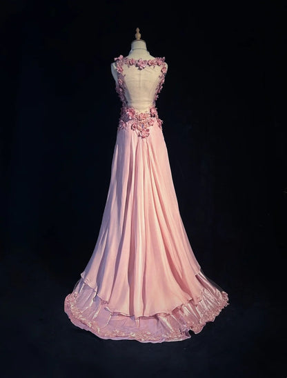 Vintage Prom Dresses A line V Neck Pink Chiffon 70s With 3D Flowers Beading Long Formal Gown N2528