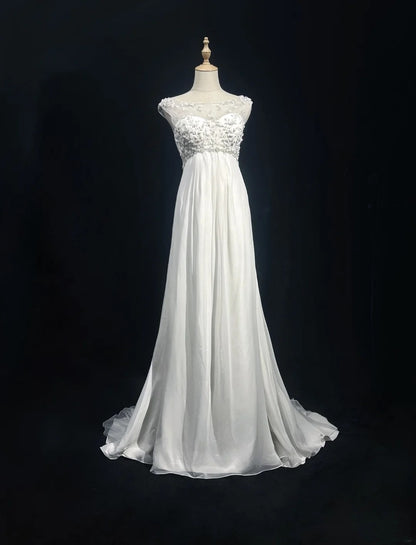 Robes de mariée de fantaisie de conte de fées A ligne Scoop Perles blanches Robe de mariée longue Robes de mariée N2600