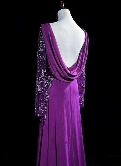 Vintage Abschlussballkleider A-Linie Lila Chiffon 90er Jahre mit Perlen Lang Festliches Partykleid N2514