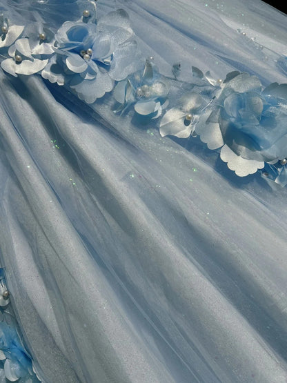 Magnifique robe de bal de promo en tulle bleu, style princesse, avec des appliqués, décolleté épaules dénudées, longue robe de soirée N2926