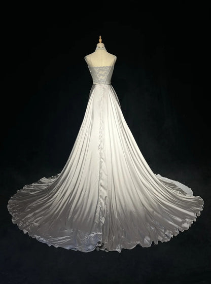 Robes de bal vintage en satin argenté, coupe trapèze, col en V, avec perles, longue robe de soirée N2454
