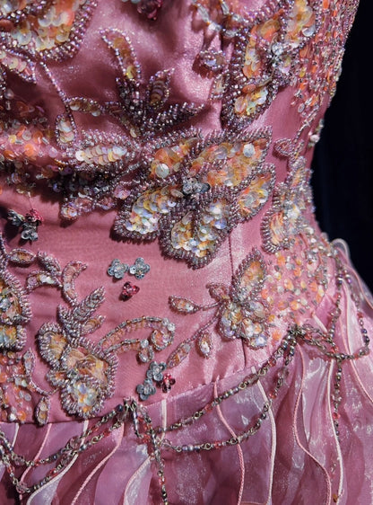 Prinzessinnen Ballkleid Trägerlos Rosa Tüll Stufenrock Abendkleid Langes Quinceañera Kleid N3286