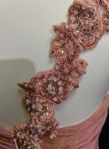 Robes de bal vintage fourreau asymétrique roses avec appliques années 1960 longue robe de soirée N2608