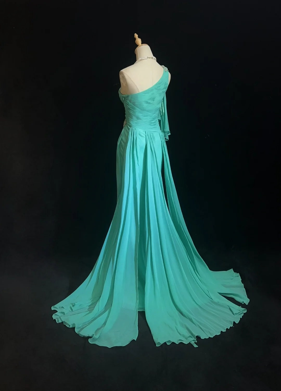 Vintage Abschlussballkleider Meerjungfrau One Shoulder Blau Chiffon 80er Lang Festliches Kleid N2758