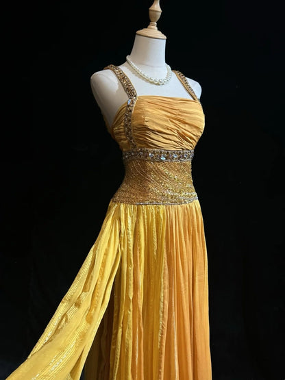 Robe de Soirée Formelle N4198 pour 18ème Anniversaire, Élégante, Jaune Carré, Coupe Trapèze, avec Perles