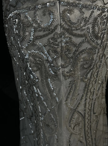 Vintage Abschlussballkleider Inspo Meerjungfrau Neckholder Silbergrau Pailletten 80er Jahre mit rückenfreien Ballkleidern N3369