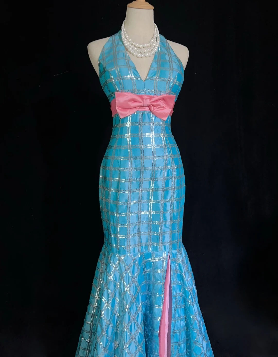 Robes de bal vintage sirène col en V, paillettes bleues, sans manches, robes de soirée longues années 80 N2866