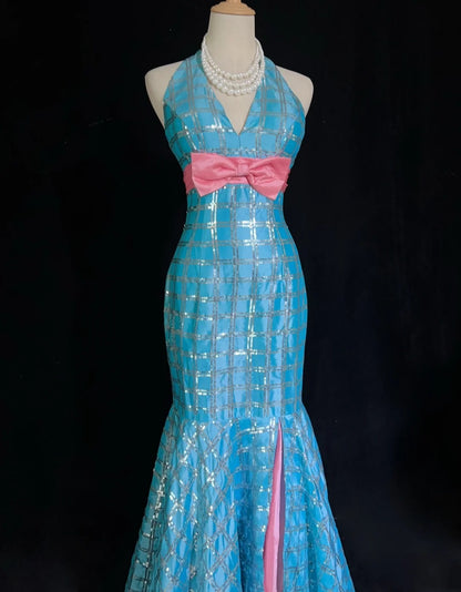 Robes de bal vintage sirène col en V, paillettes bleues, sans manches, robes de soirée longues années 80 N2866