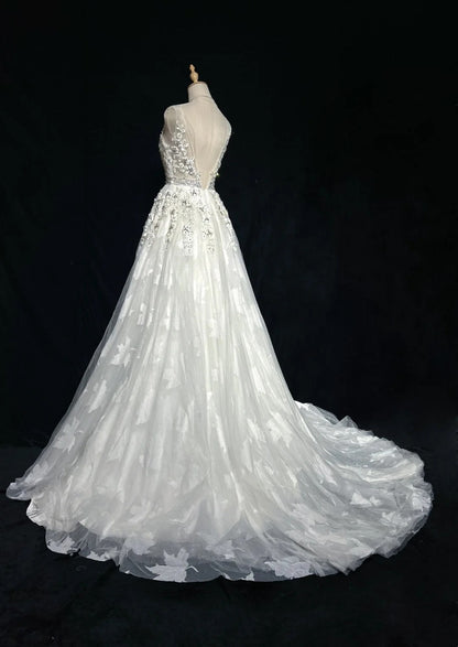 Robes de bal modestes trapèze col en V tulle blanc dentelle sans manches longues tenues de soirée formelles N3618