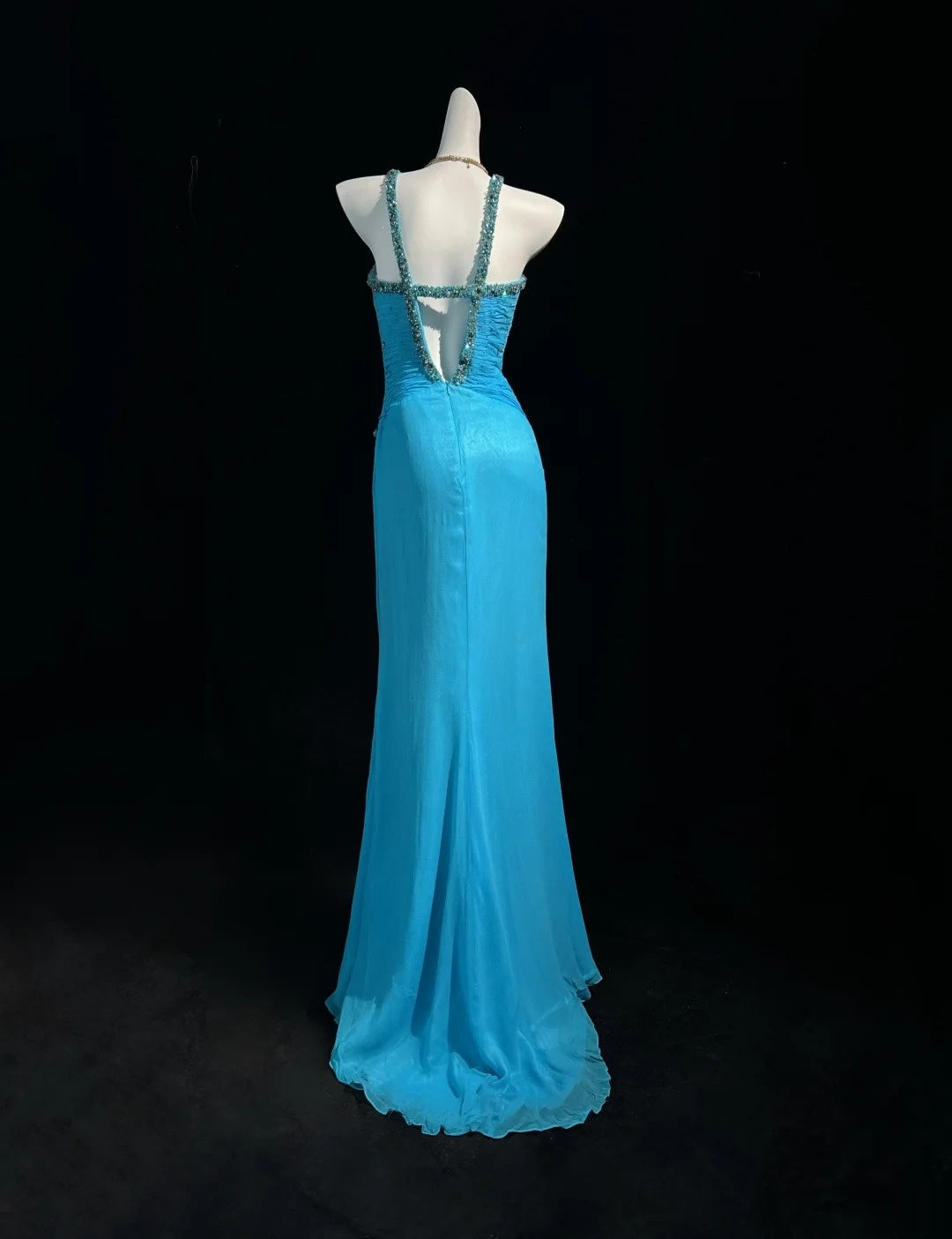 Vintage Ballkleider Meerjungfrau Neckholder Blau Chiffon 80er mit Perlenstickerei Lange Formelle Abendgarderobe N4201
