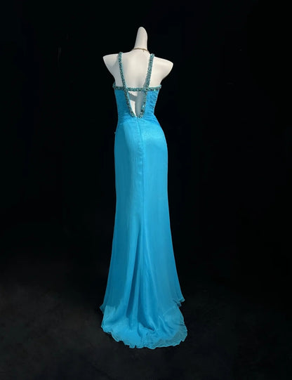 Vintage Ballkleider Meerjungfrau Neckholder Blau Chiffon 80er mit Perlenstickerei Lange Formelle Abendgarderobe N4201