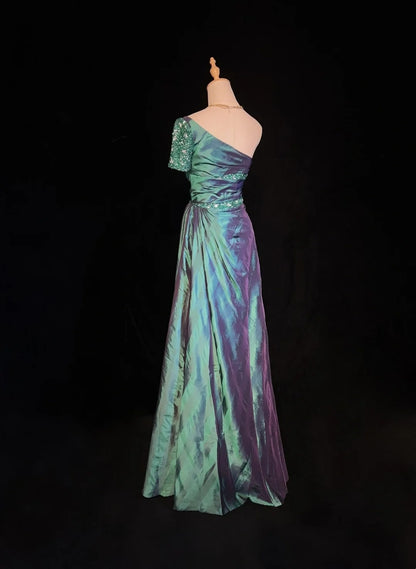 Bescheidene Ballkleider Meerjungfrau Ein Schulter Blau Satin Mit Perlen Lang Abendmode N3467